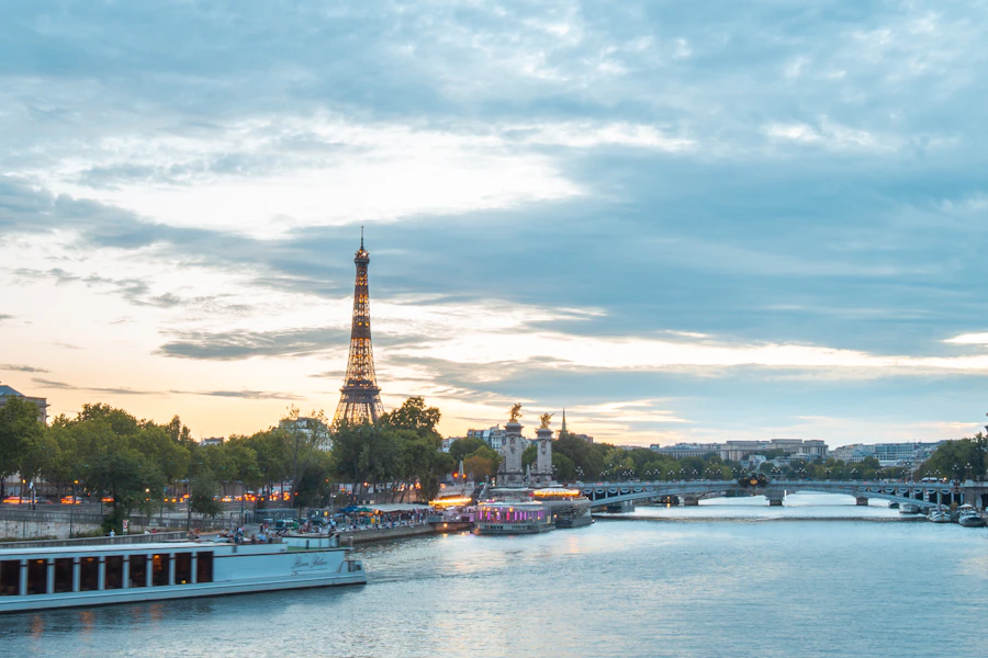 Boats on the Seine at sunset