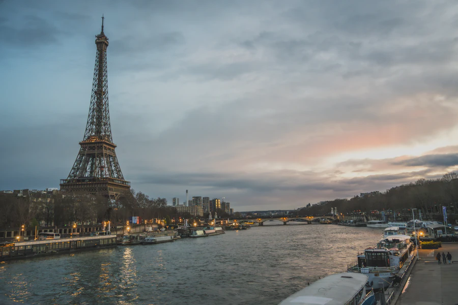 The Seine and Eiffel Tower at dusk