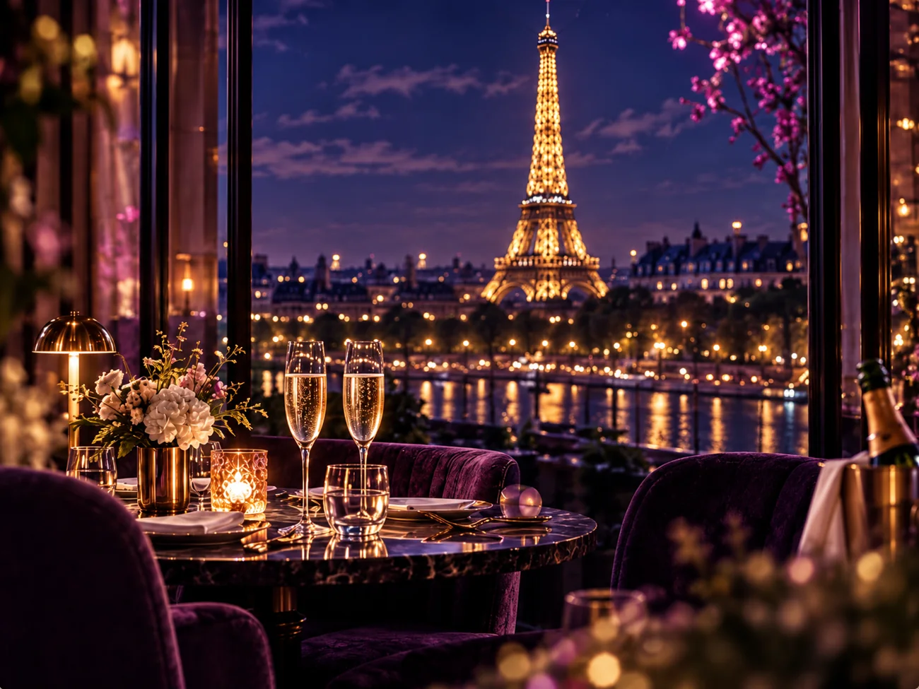 Illustration of a festive Paris dinner with the Eiffel Tower at night