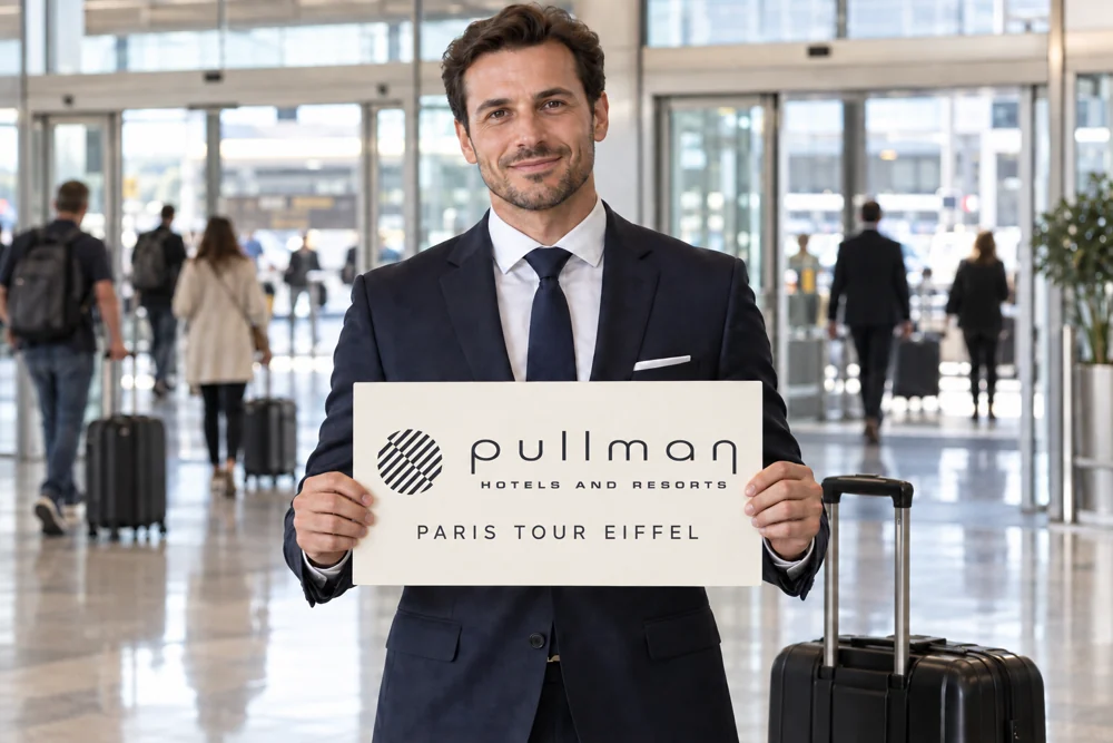 Airport welcome with a Pullman Paris Tour Eiffel sign — illustration